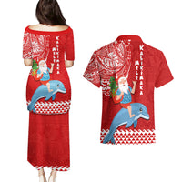 Hawaii Mele Kalikimaka Couples Matching Puletasi Dress and Hawaiian Shirt Santa Riding The DolPhin Mix Kakau Pattern Red Style LT03 - Polynesian Pride