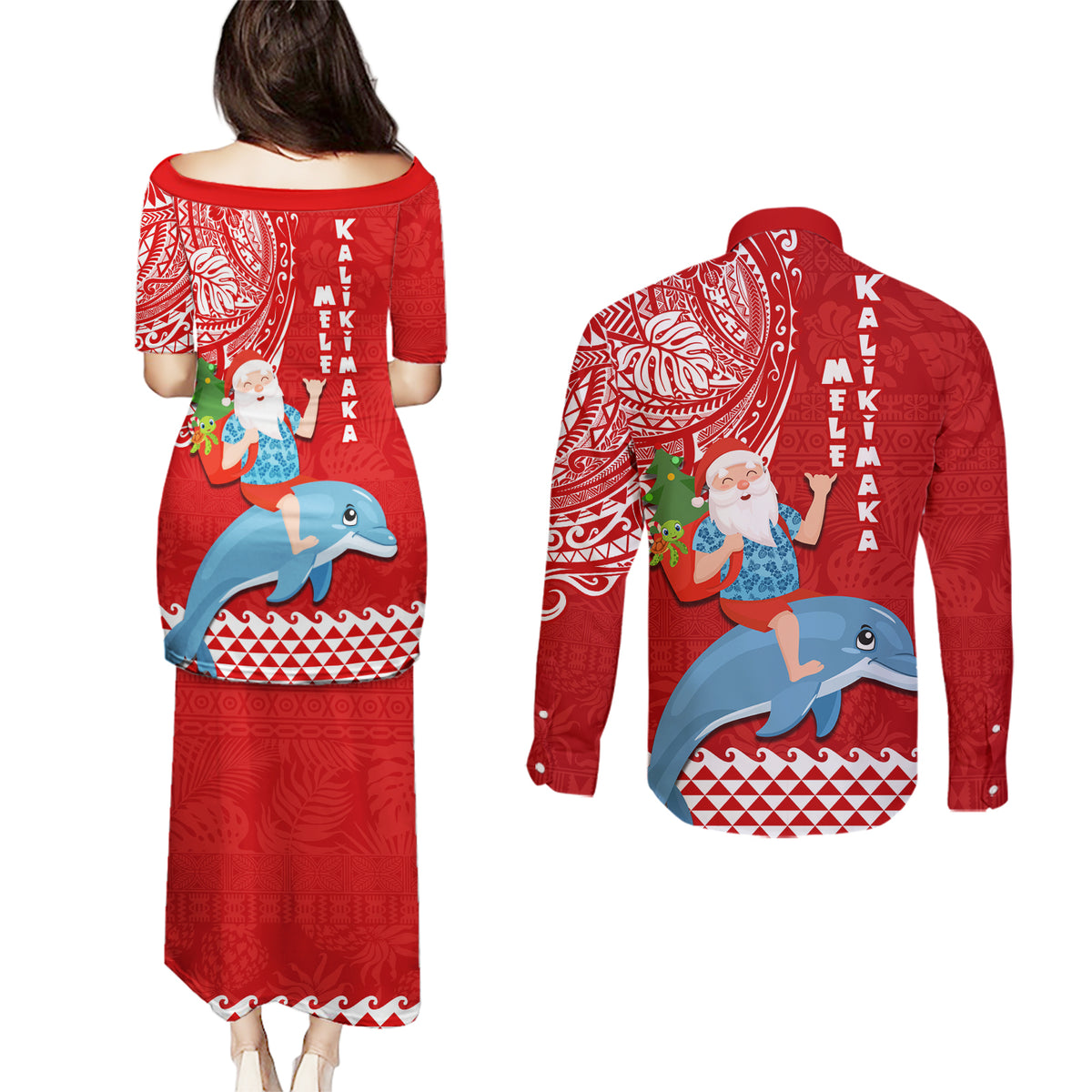 Hawaii Mele Kalikimaka Couples Matching Puletasi Dress and Long Sleeve Button Shirt Santa Riding The DolPhin Mix Kakau Pattern Red Style LT03 - Polynesian Pride