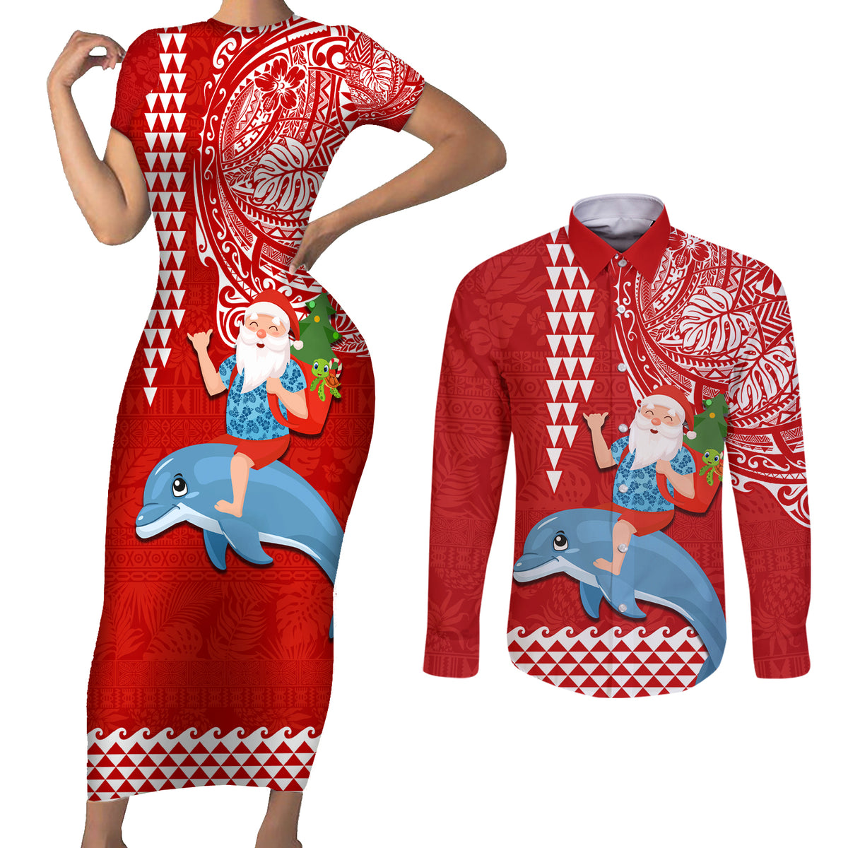 Hawaii Mele Kalikimaka Couples Matching Short Sleeve Bodycon Dress and Long Sleeve Button Shirt Santa Riding The DolPhin Mix Kakau Pattern Red Style LT03 Red - Polynesian Pride