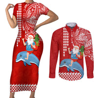 Hawaii Mele Kalikimaka Couples Matching Short Sleeve Bodycon Dress and Long Sleeve Button Shirt Santa Riding The DolPhin Mix Kakau Pattern Red Style LT03 Red - Polynesian Pride
