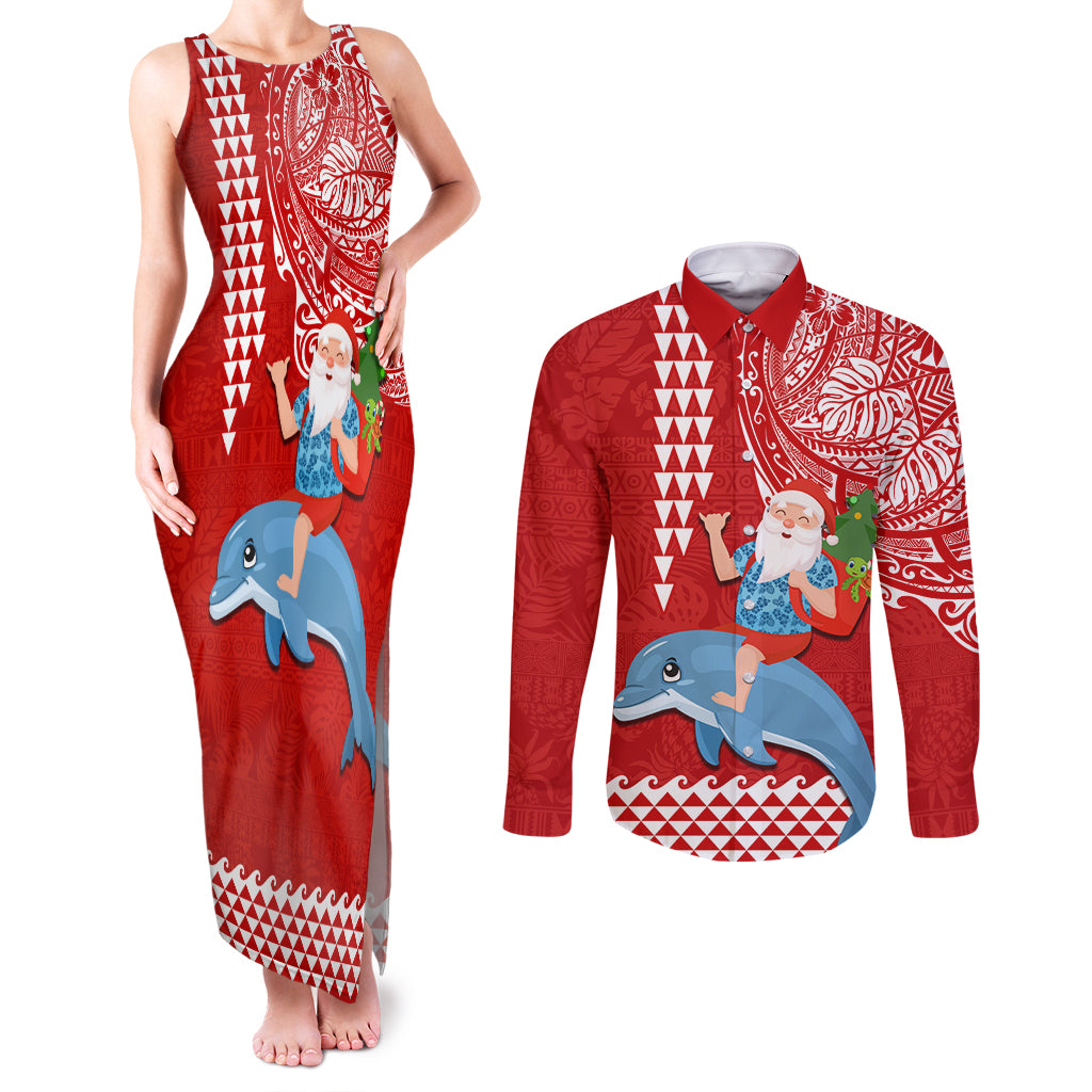 Hawaii Mele Kalikimaka Couples Matching Tank Maxi Dress and Long Sleeve Button Shirt Santa Riding The DolPhin Mix Kakau Pattern Red Style LT03 Red - Polynesian Pride