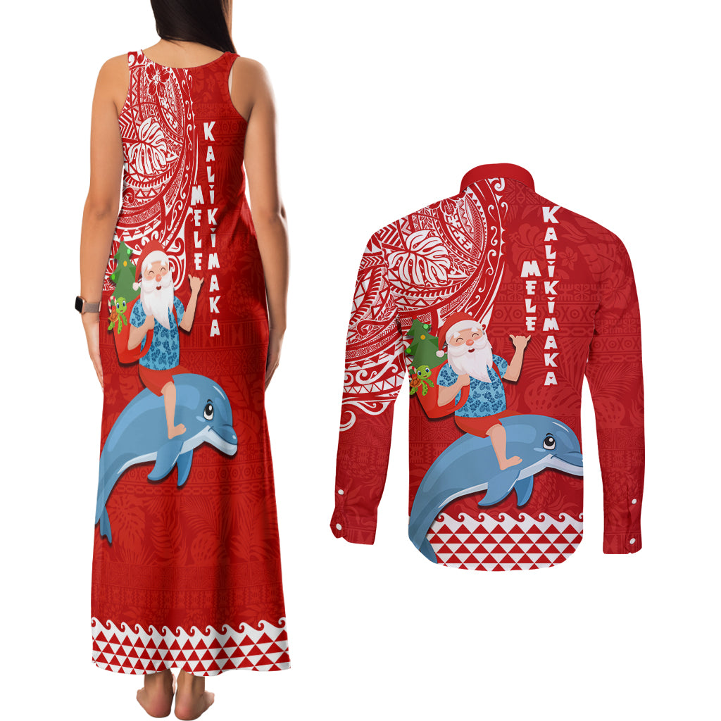 Hawaii Mele Kalikimaka Couples Matching Tank Maxi Dress and Long Sleeve Button Shirt Santa Riding The DolPhin Mix Kakau Pattern Red Style LT03 - Polynesian Pride