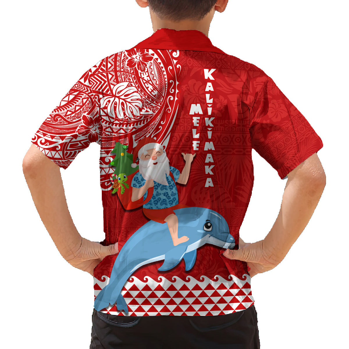 Hawaii Mele Kalikimaka Family Matching Off Shoulder Maxi Dress and Hawaiian Shirt Santa Riding The DolPhin Mix Kakau Pattern Red Style LT03 - Polynesian Pride