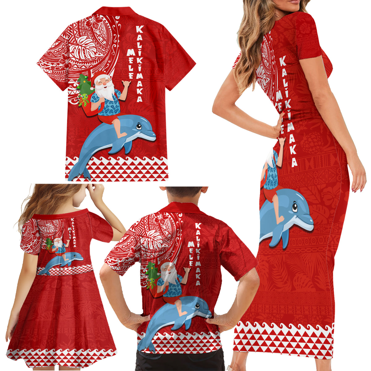 Hawaii Mele Kalikimaka Family Matching Short Sleeve Bodycon Dress and Hawaiian Shirt Santa Riding The DolPhin Mix Kakau Pattern Red Style LT03 - Polynesian Pride