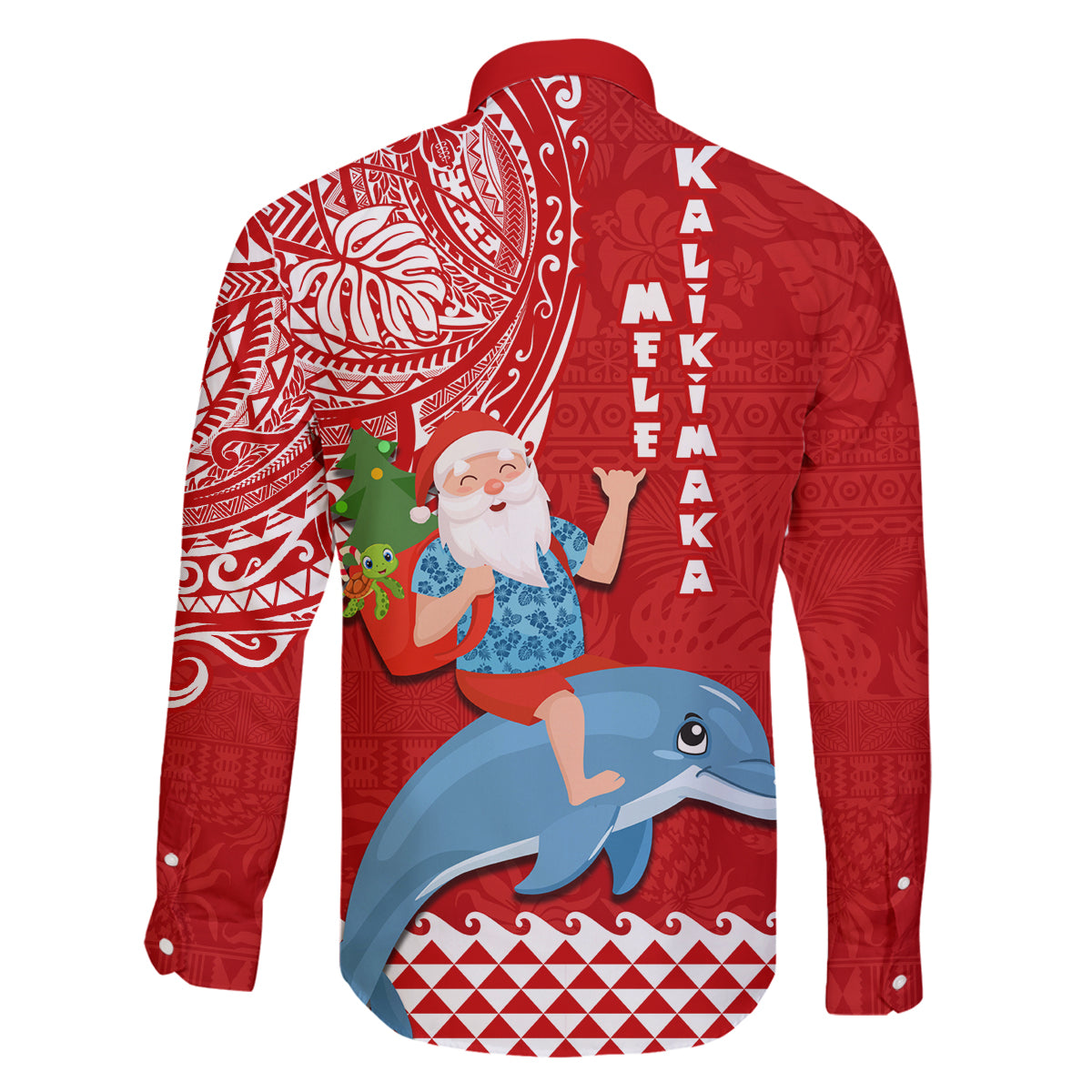 Hawaii Mele Kalikimaka Family Matching Tank Maxi Dress and Hawaiian Shirt Santa Riding The DolPhin Mix Kakau Pattern Red Style LT03 - Polynesian Pride