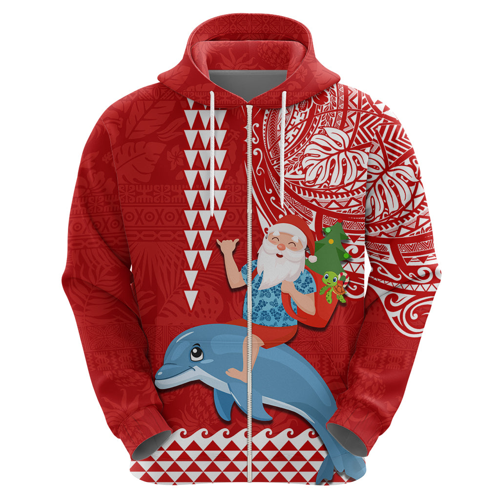 Hawaii Mele Kalikimaka Hoodie Santa Riding The DolPhin Mix Kakau Pattern Red Style LT03 - Polynesian Pride