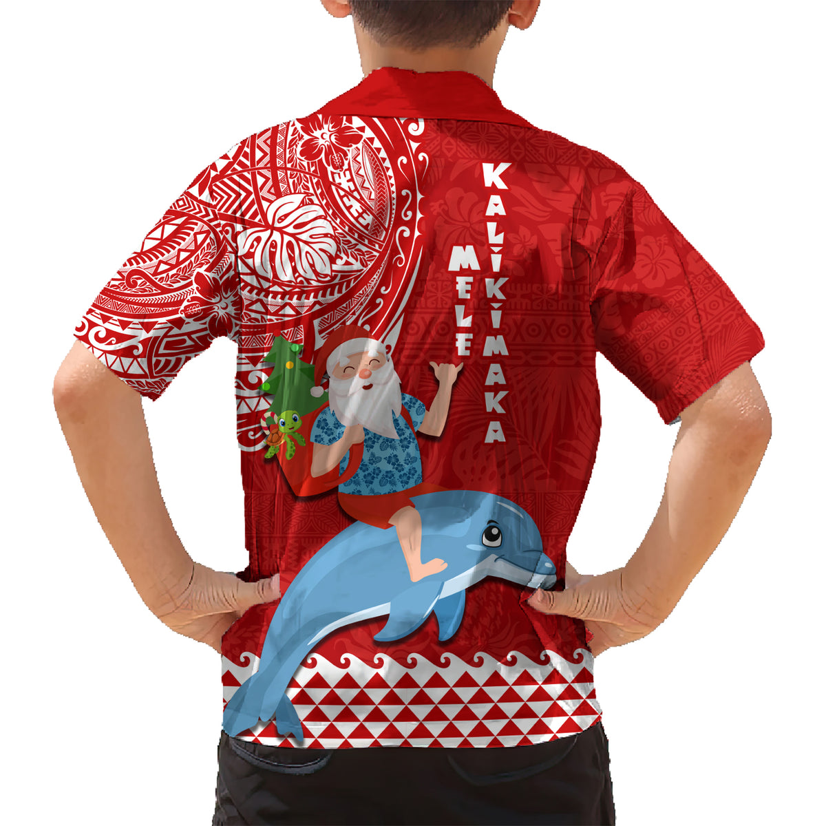 Hawaii Mele Kalikimaka Kid Hawaiian Shirt Santa Riding The DolPhin Mix Kakau Pattern Red Style LT03 - Polynesian Pride