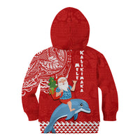 Hawaii Mele Kalikimaka Kid Hoodie Santa Riding The DolPhin Mix Kakau Pattern Red Style LT03 - Polynesian Pride