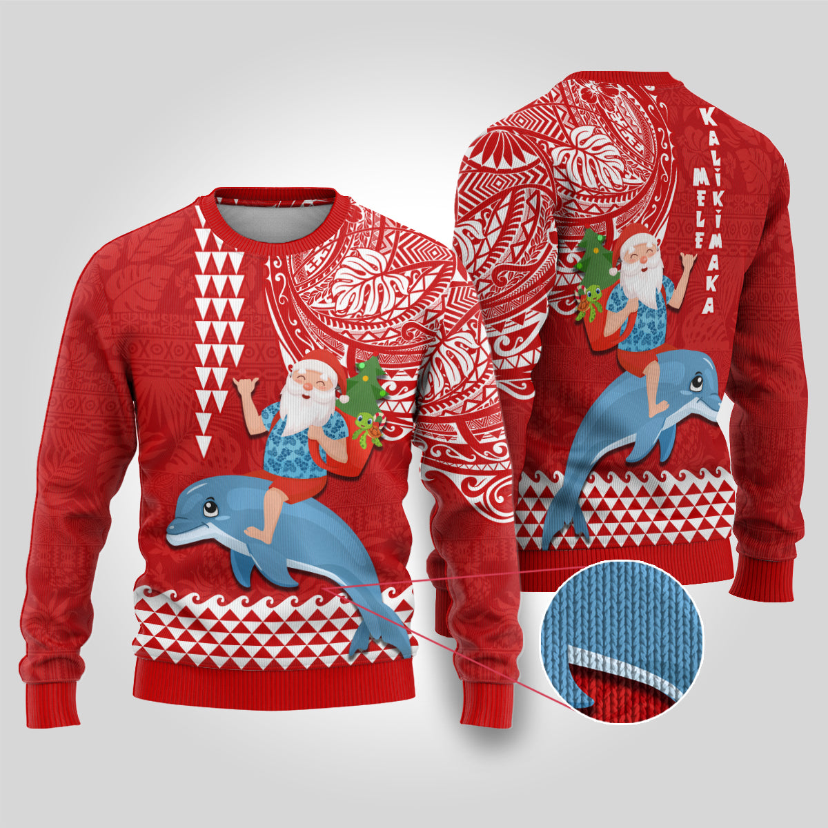 Hawaii Mele Kalikimaka Ugly Christmas Sweater Santa Riding The DolPhin Mix Kakau Pattern Red Style LT03 Red - Polynesian Pride