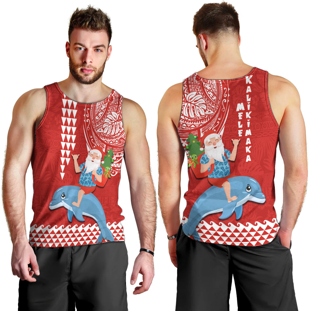 Hawaii Mele Kalikimaka Men Tank Top Santa Riding The DolPhin Mix Kakau Pattern Red Style LT03 - Polynesian Pride