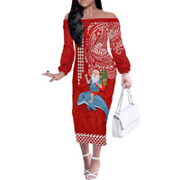 Hawaii Mele Kalikimaka Off The Shoulder Long Sleeve Dress Santa Riding The DolPhin Mix Kakau Pattern Red Style LT03 Women Red - Polynesian Pride