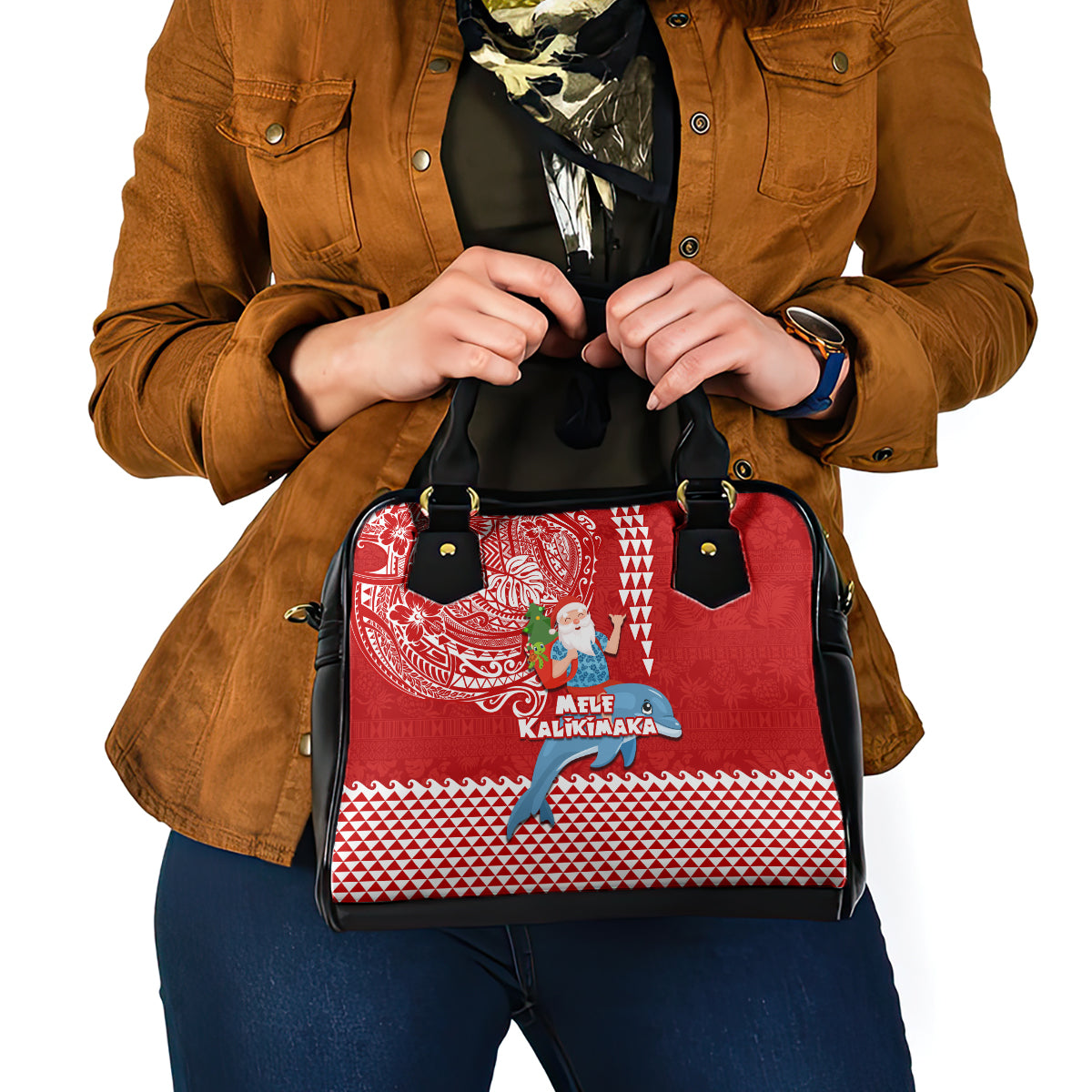Hawaii Mele Kalikimaka Shoulder Handbag Santa Riding The DolPhin Mix Kakau Pattern Red Style LT03 - Polynesian Pride