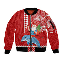 Hawaii Mele Kalikimaka Sleeve Zip Bomber Jacket Santa Riding The DolPhin Mix Kakau Pattern Red Style LT03 Unisex Red - Polynesian Pride