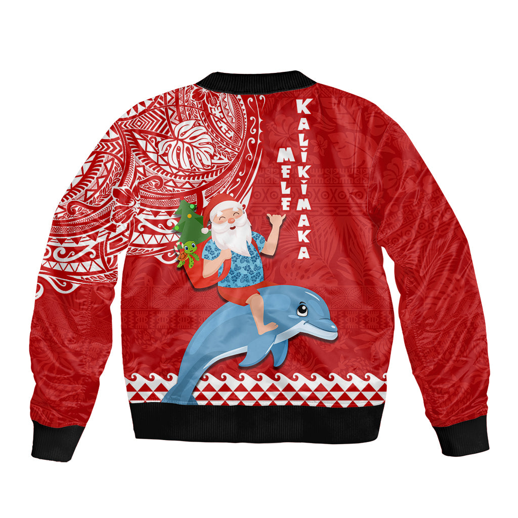 Hawaii Mele Kalikimaka Sleeve Zip Bomber Jacket Santa Riding The DolPhin Mix Kakau Pattern Red Style LT03 - Polynesian Pride