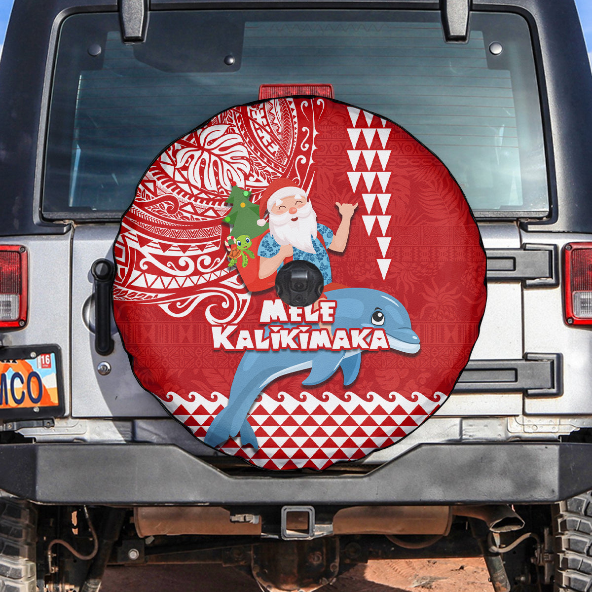 Hawaii Mele Kalikimaka Spare Tire Cover Santa Riding The DolPhin Mix Kakau Pattern Red Style LT03 - Polynesian Pride