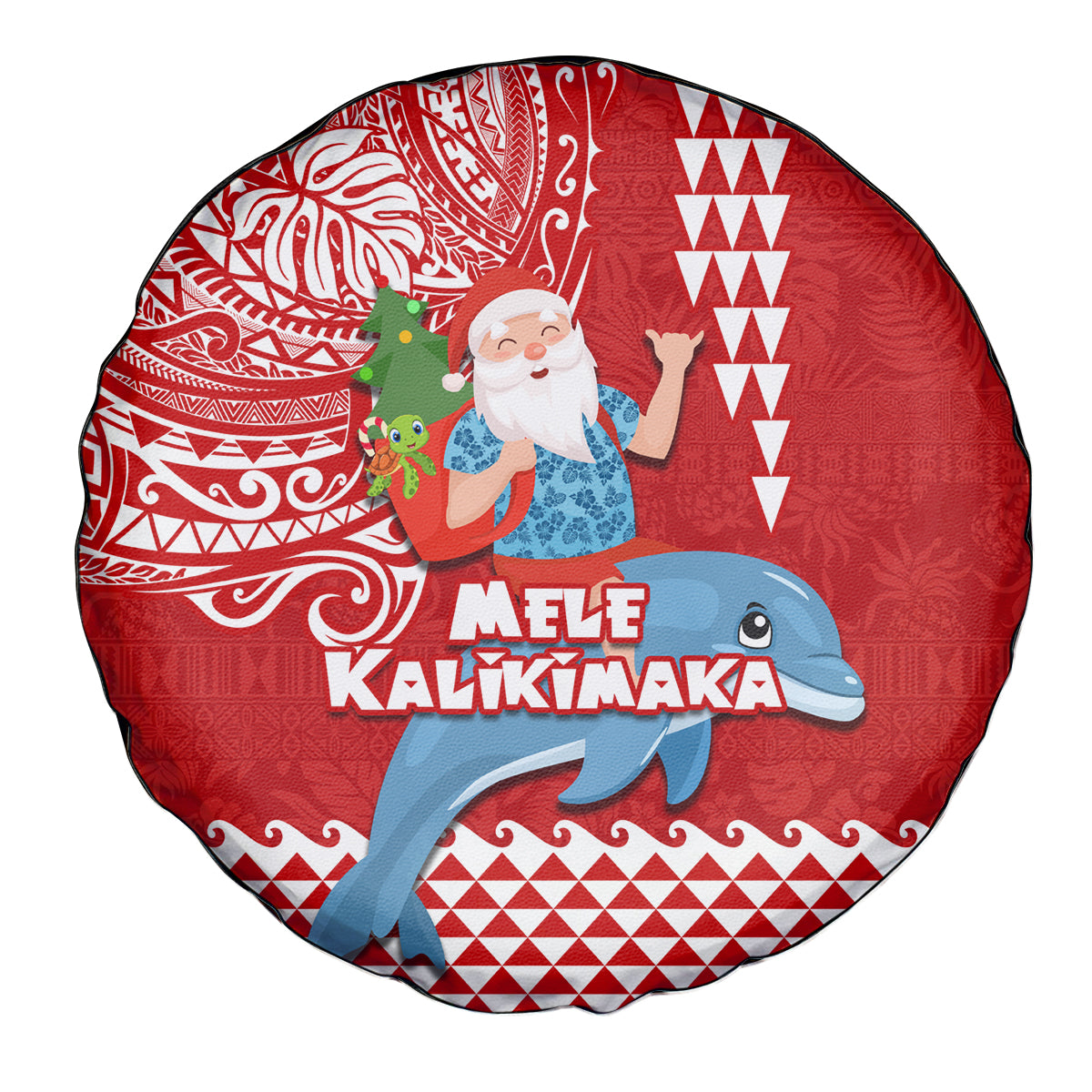 Hawaii Mele Kalikimaka Spare Tire Cover Santa Riding The DolPhin Mix Kakau Pattern Red Style LT03 - Polynesian Pride