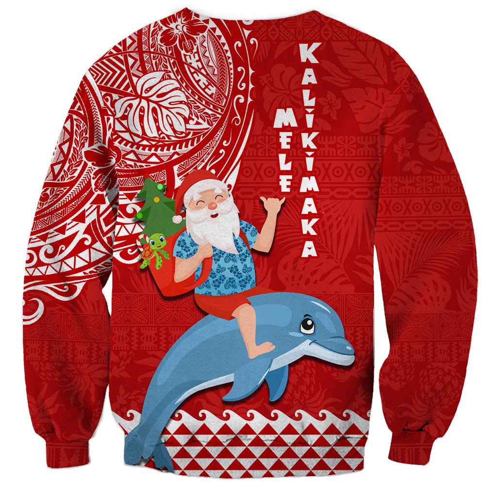 Hawaii Mele Kalikimaka Sweatshirt Santa Riding The DolPhin Mix Kakau Pattern Red Style LT03 - Polynesian Pride