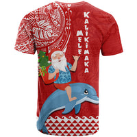 Hawaii Mele Kalikimaka T Shirt Santa Riding The DolPhin Mix Kakau Pattern Red Style LT03 - Polynesian Pride