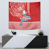 Hawaii Mele Kalikimaka Tapestry Santa Riding The DolPhin Mix Kakau Pattern Red Style LT03 - Polynesian Pride