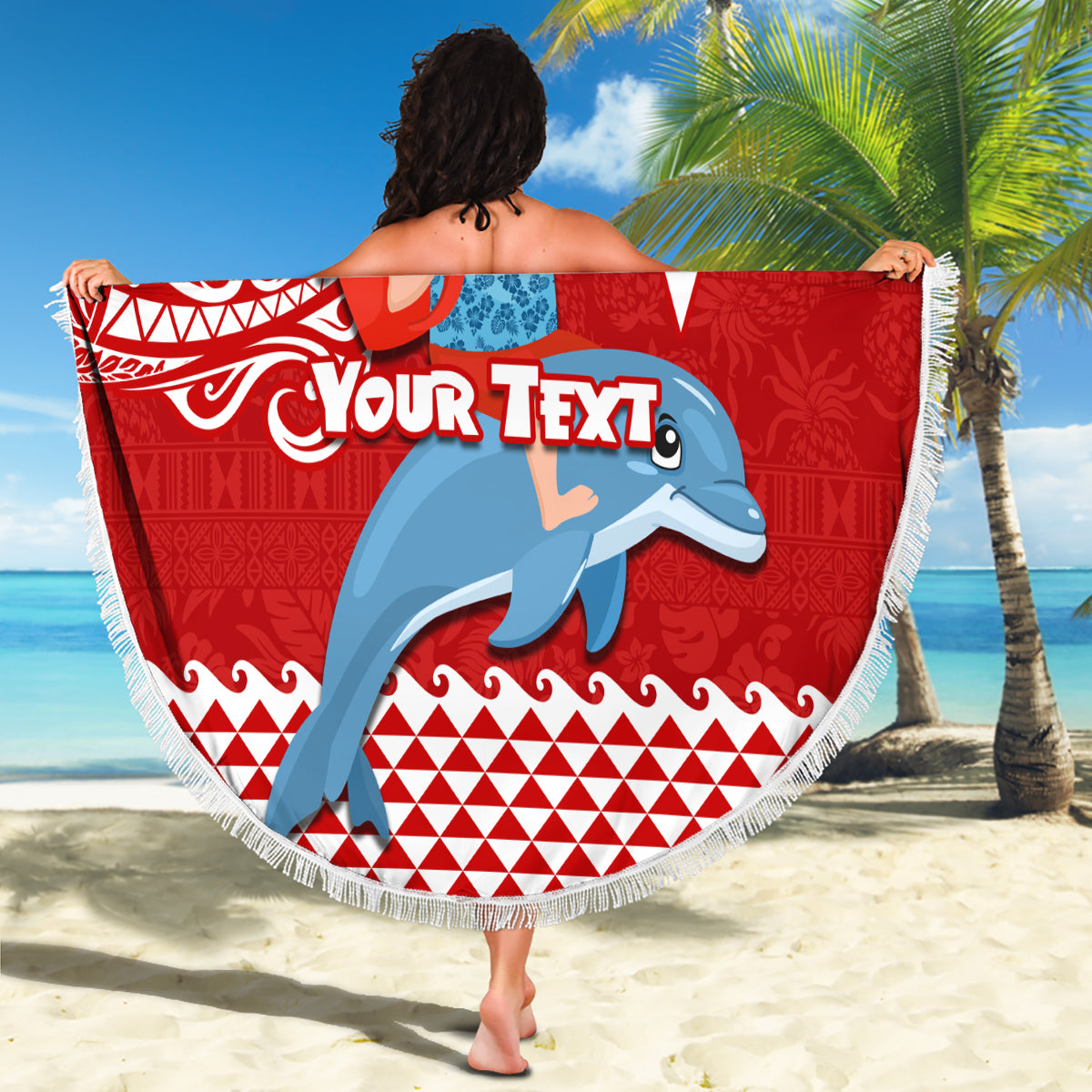 Custom Hawaii Mele Kalikimaka Beach Blanket Santa Riding The DolPhin Mix Kakau Pattern Red Style LT03 - Polynesian Pride