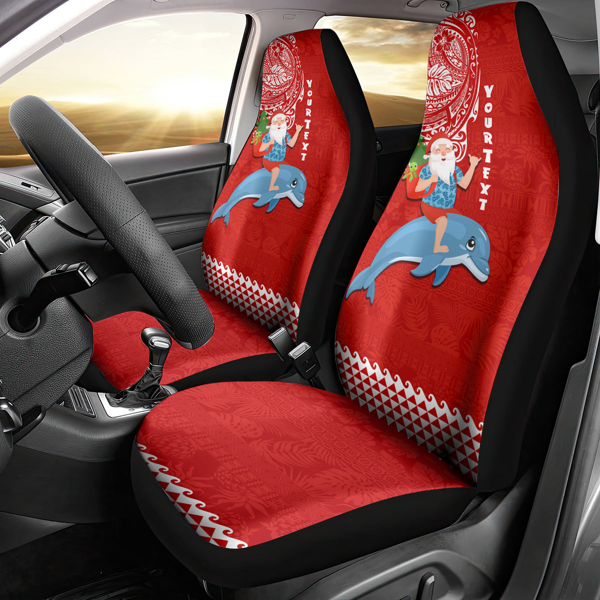 Custom Hawaii Mele Kalikimaka Car Seat Cover Santa Riding The DolPhin Mix Kakau Pattern Red Style LT03 - Polynesian Pride