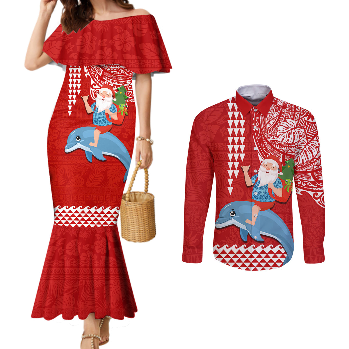Custom Hawaii Mele Kalikimaka Couples Matching Mermaid Dress and Long Sleeve Button Shirt Santa Riding The DolPhin Mix Kakau Pattern Red Style LT03 Red - Polynesian Pride