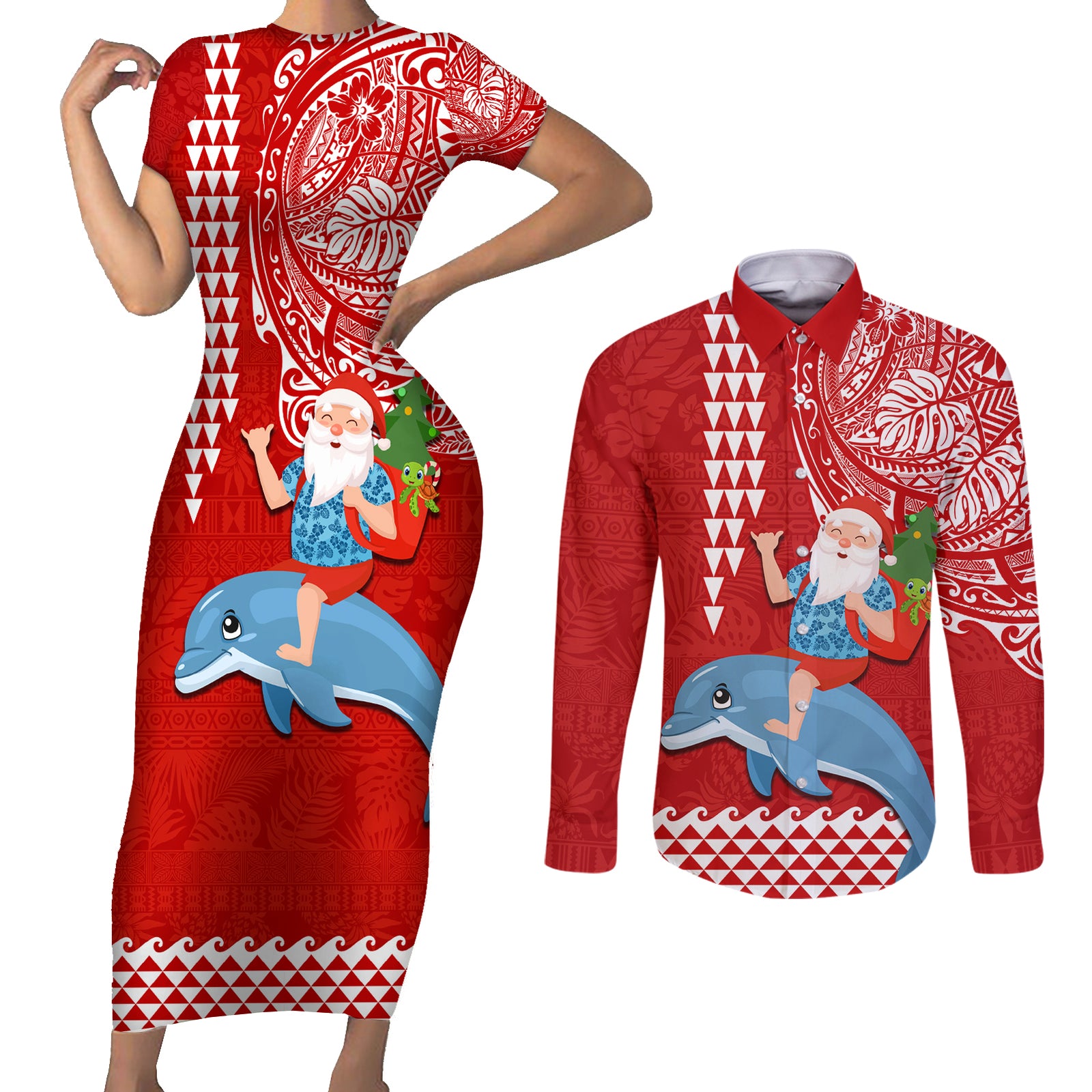 Custom Hawaii Mele Kalikimaka Couples Matching Short Sleeve Bodycon Dress and Long Sleeve Button Shirt Santa Riding The DolPhin Mix Kakau Pattern Red Style LT03 Red - Polynesian Pride