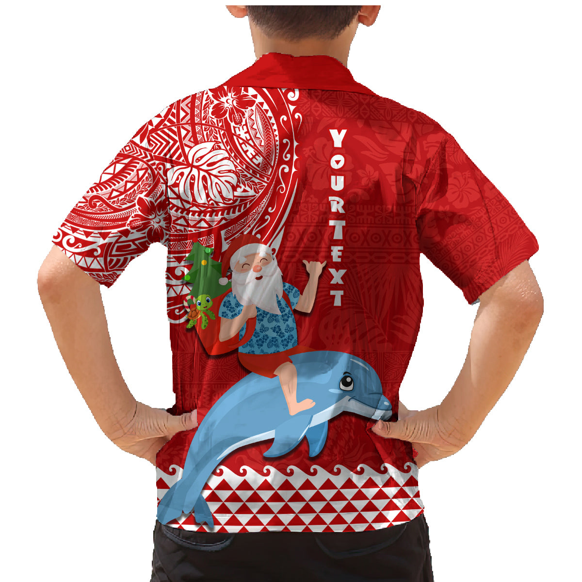 Custom Hawaii Mele Kalikimaka Family Matching Mermaid Dress and Hawaiian Shirt Santa Riding The DolPhin Mix Kakau Pattern Red Style LT03 - Polynesian Pride