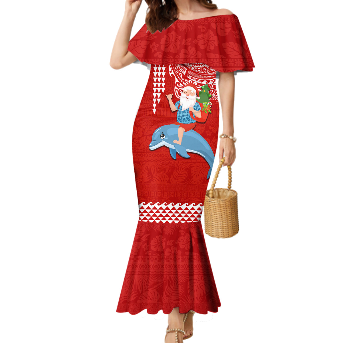 Custom Hawaii Mele Kalikimaka Family Matching Mermaid Dress and Hawaiian Shirt Santa Riding The DolPhin Mix Kakau Pattern Red Style LT03 Mom's Dress Red - Polynesian Pride