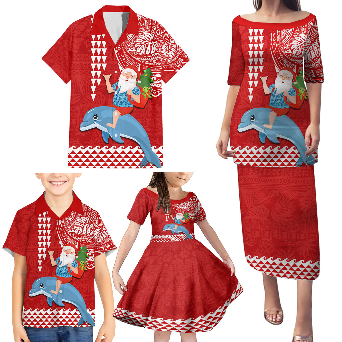 Custom Hawaii Mele Kalikimaka Family Matching Puletasi Dress and Hawaiian Shirt Santa Riding The DolPhin Mix Kakau Pattern Red Style LT03 - Polynesian Pride