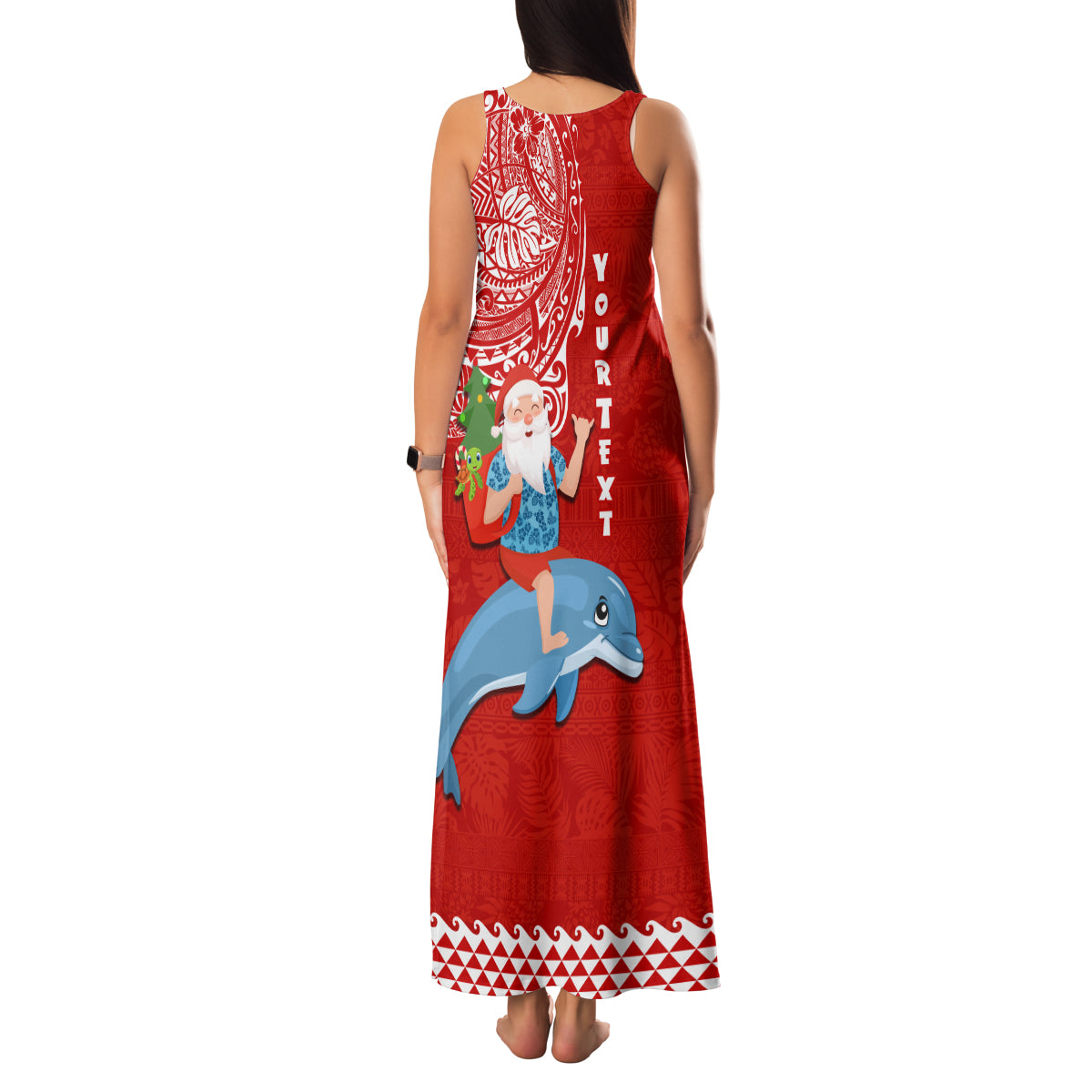 Custom Hawaii Mele Kalikimaka Family Matching Tank Maxi Dress and Hawaiian Shirt Santa Riding The DolPhin Mix Kakau Pattern Red Style LT03 - Polynesian Pride