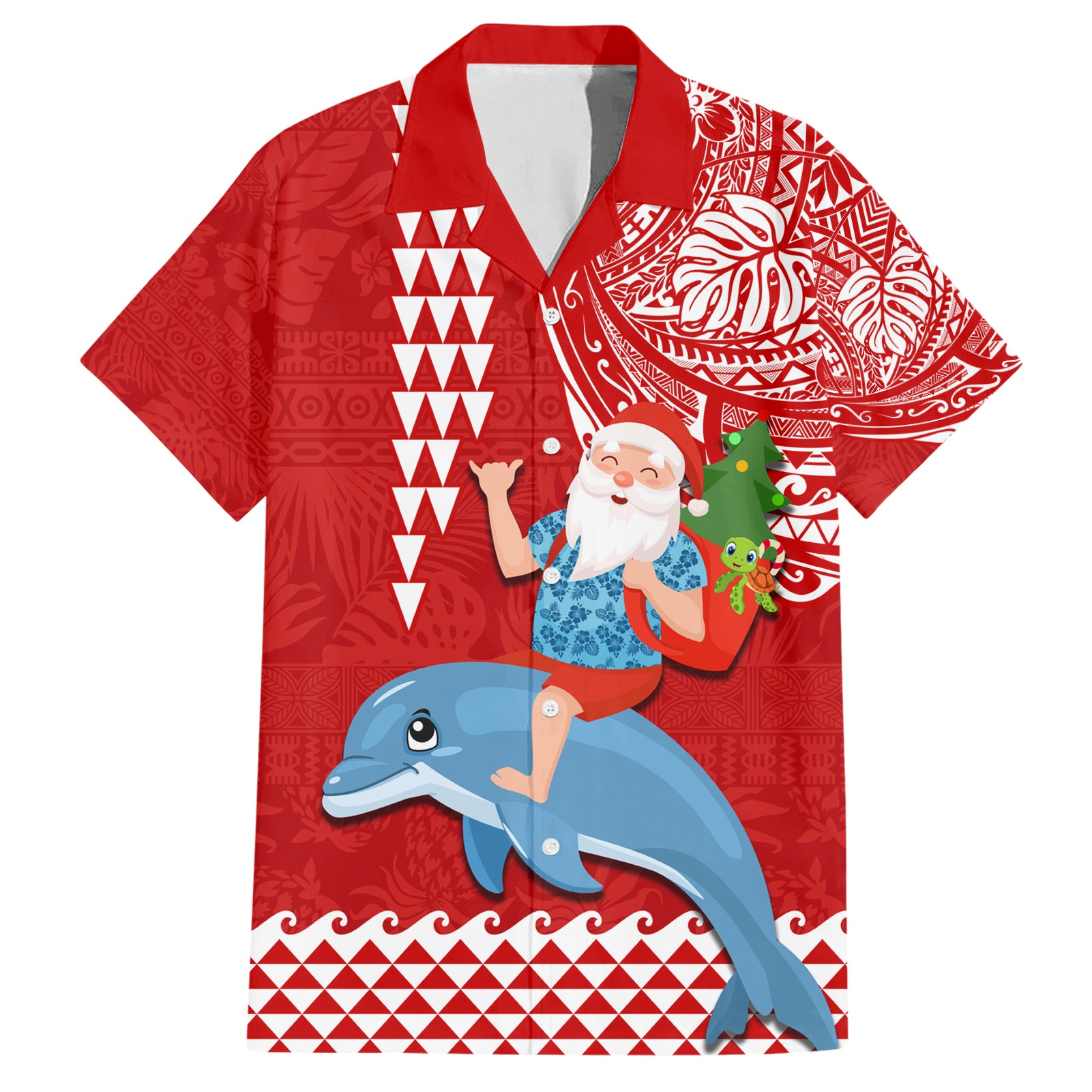 Custom Hawaii Mele Kalikimaka Hawaiian Shirt Santa Riding The DolPhin Mix Kakau Pattern Red Style LT03 Red - Polynesian Pride