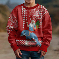 Custom Hawaii Mele Kalikimaka Kid Ugly Christmas Sweater Santa Riding The DolPhin Mix Kakau Pattern Red Style LT03 - Polynesian Pride
