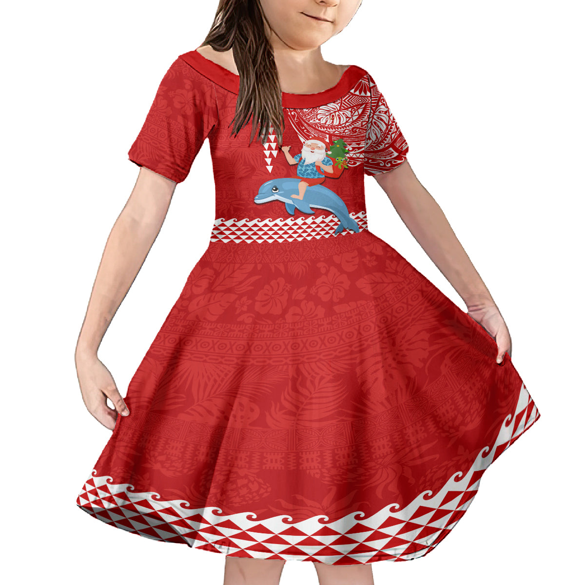 Custom Hawaii Mele Kalikimaka Kid Short Sleeve Dress Santa Riding The DolPhin Mix Kakau Pattern Red Style LT03 KID Red - Polynesian Pride