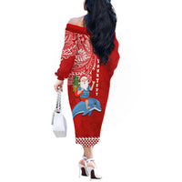 Custom Hawaii Mele Kalikimaka Off The Shoulder Long Sleeve Dress Santa Riding The DolPhin Mix Kakau Pattern Red Style LT03 - Polynesian Pride