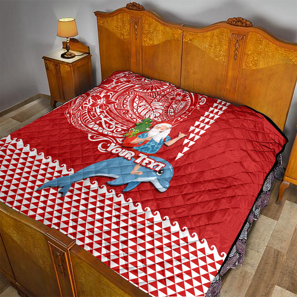 Custom Hawaii Mele Kalikimaka Quilt Santa Riding The DolPhin Mix Kakau Pattern Red Style LT03 - Polynesian Pride