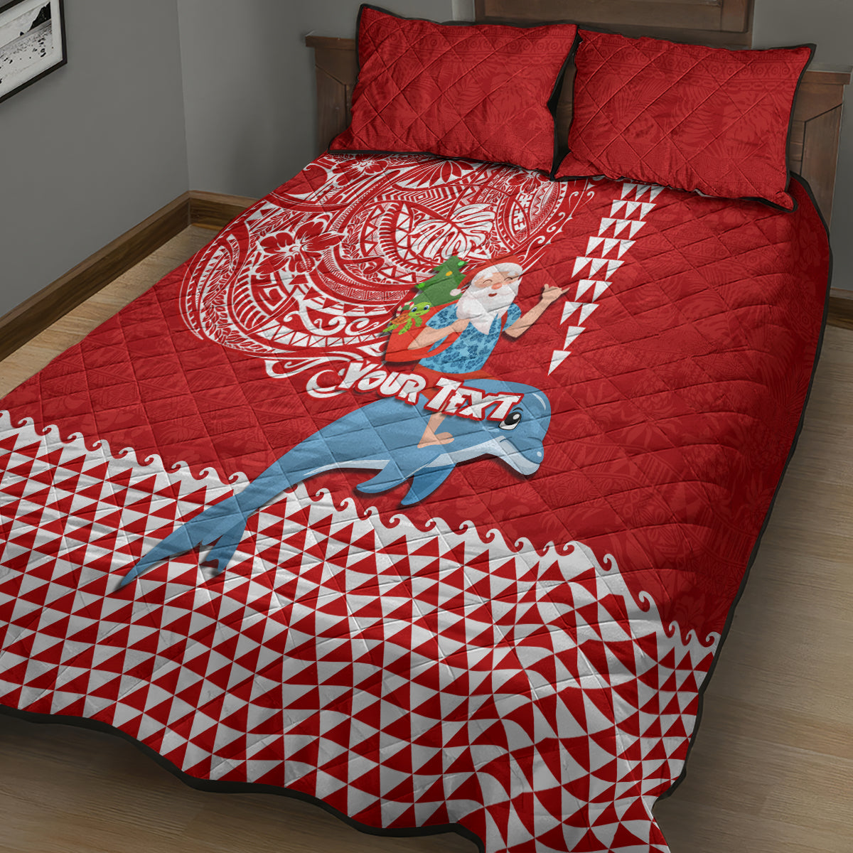 Custom Hawaii Mele Kalikimaka Quilt Bed Set Santa Riding The DolPhin Mix Kakau Pattern Red Style LT03 - Polynesian Pride
