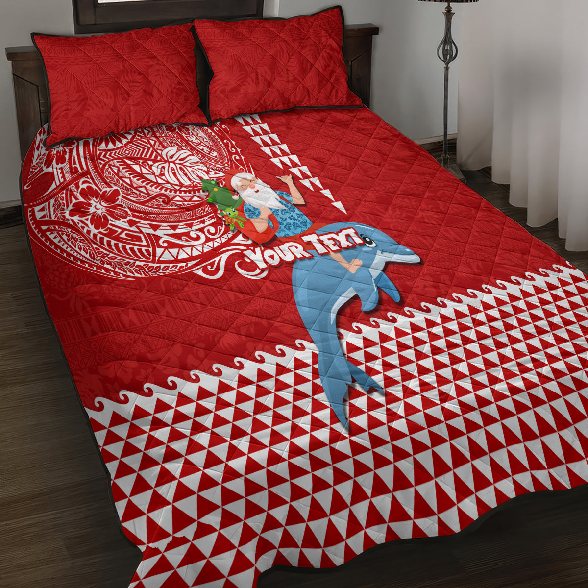 Custom Hawaii Mele Kalikimaka Quilt Bed Set Santa Riding The DolPhin Mix Kakau Pattern Red Style LT03 - Polynesian Pride