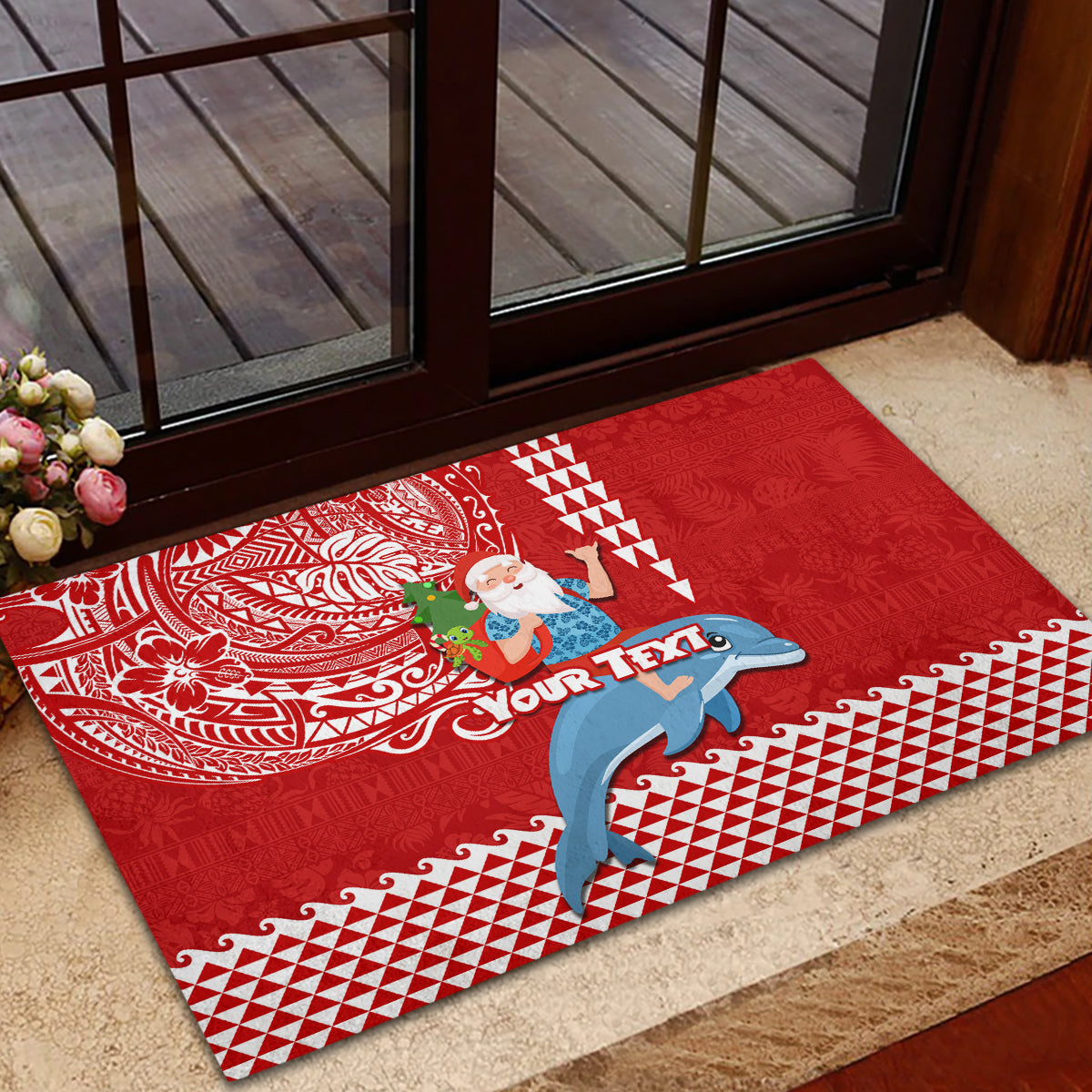 Custom Hawaii Mele Kalikimaka Rubber Doormat Santa Riding The DolPhin Mix Kakau Pattern Red Style LT03 - Polynesian Pride