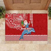Custom Hawaii Mele Kalikimaka Rubber Doormat Santa Riding The DolPhin Mix Kakau Pattern Red Style LT03 - Polynesian Pride