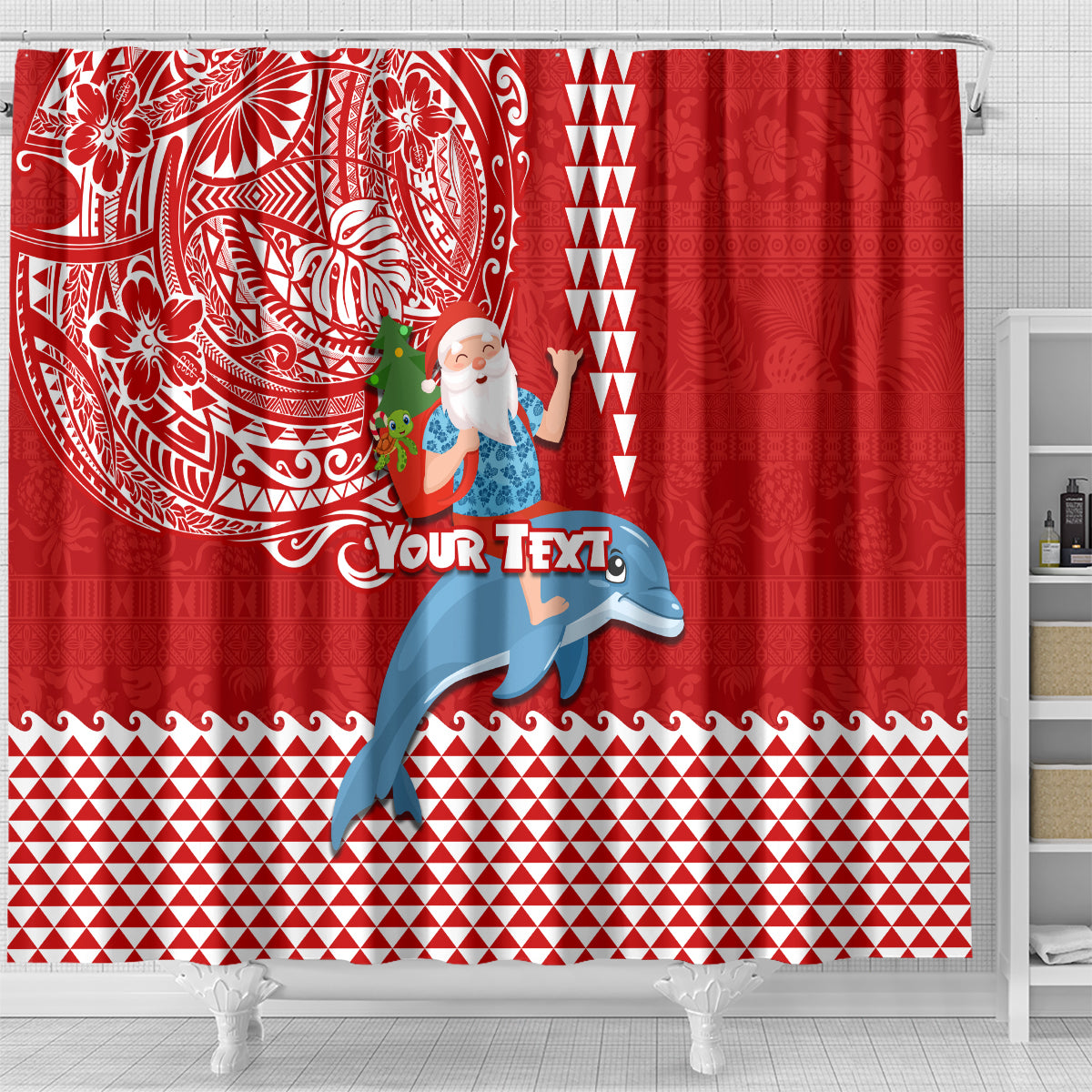 Custom Hawaii Mele Kalikimaka Shower Curtain Santa Riding The DolPhin Mix Kakau Pattern Red Style LT03 - Polynesian Pride
