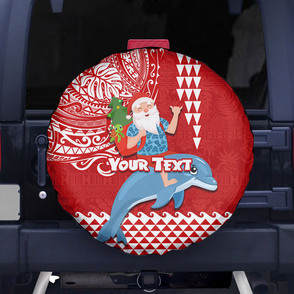 Custom Hawaii Mele Kalikimaka Spare Tire Cover Santa Riding The DolPhin Mix Kakau Pattern Red Style LT03 Red - Polynesian Pride