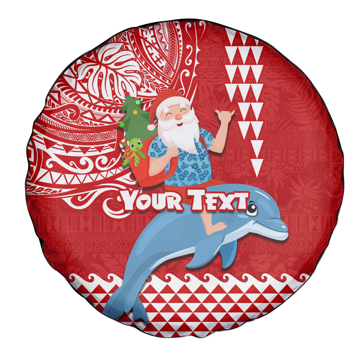 Custom Hawaii Mele Kalikimaka Spare Tire Cover Santa Riding The DolPhin Mix Kakau Pattern Red Style LT03 - Polynesian Pride