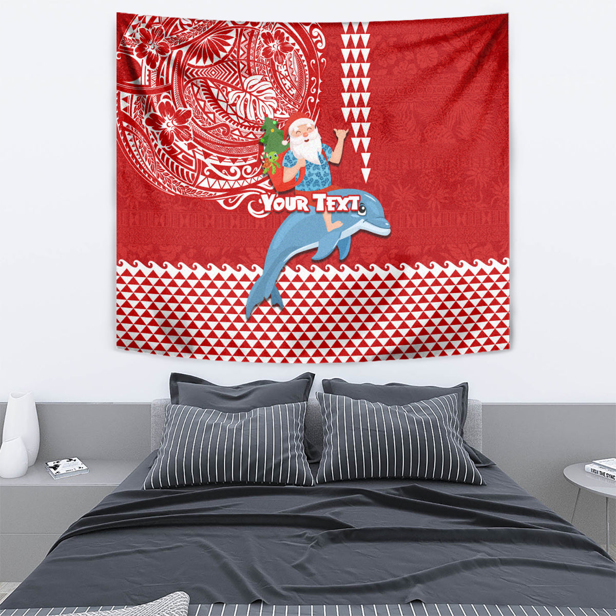 Custom Hawaii Mele Kalikimaka Tapestry Santa Riding The DolPhin Mix Kakau Pattern Red Style LT03 - Polynesian Pride