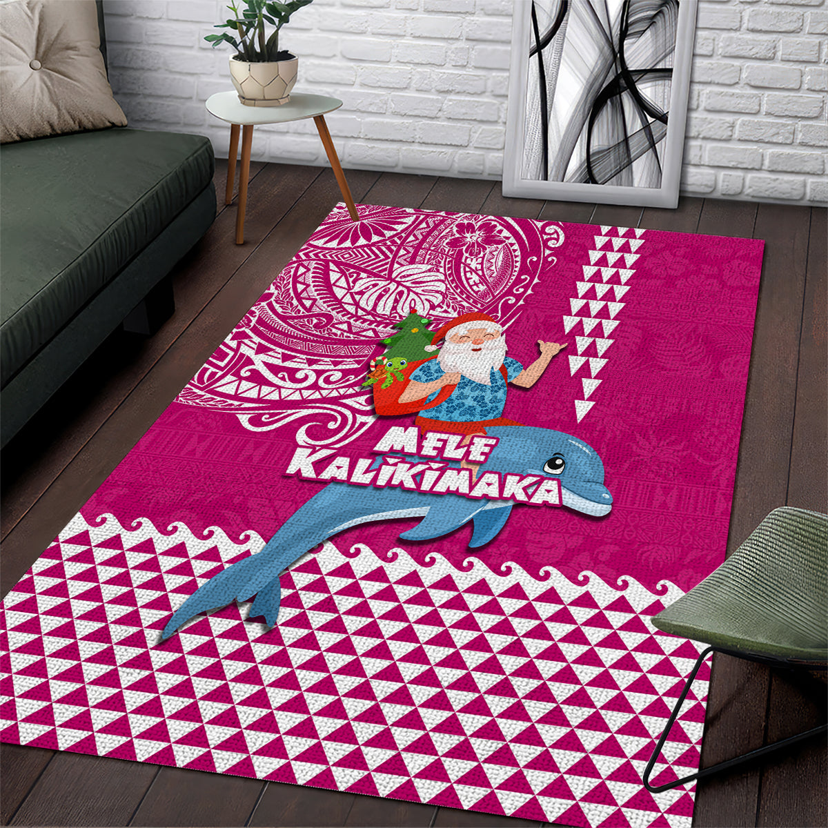 Hawaii Mele Kalikimaka Area Rug Santa Riding The DolPhin Mix Kakau Pattern Pink Style LT03 Pink - Polynesian Pride