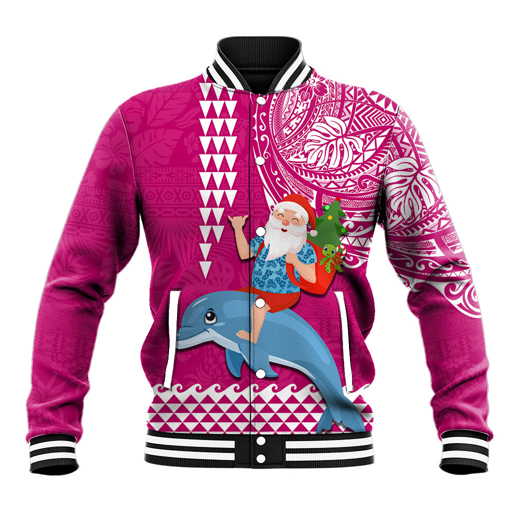 Hawaii Mele Kalikimaka Baseball Jacket Santa Riding The DolPhin Mix Kakau Pattern Pink Style LT03 Unisex Pink - Polynesian Pride