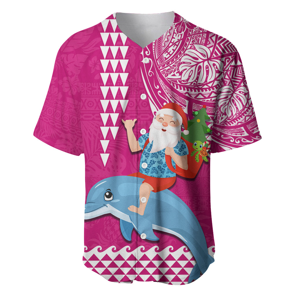 Hawaii Mele Kalikimaka Baseball Jersey Santa Riding The DolPhin Mix Kakau Pattern Pink Style LT03 Pink - Polynesian Pride