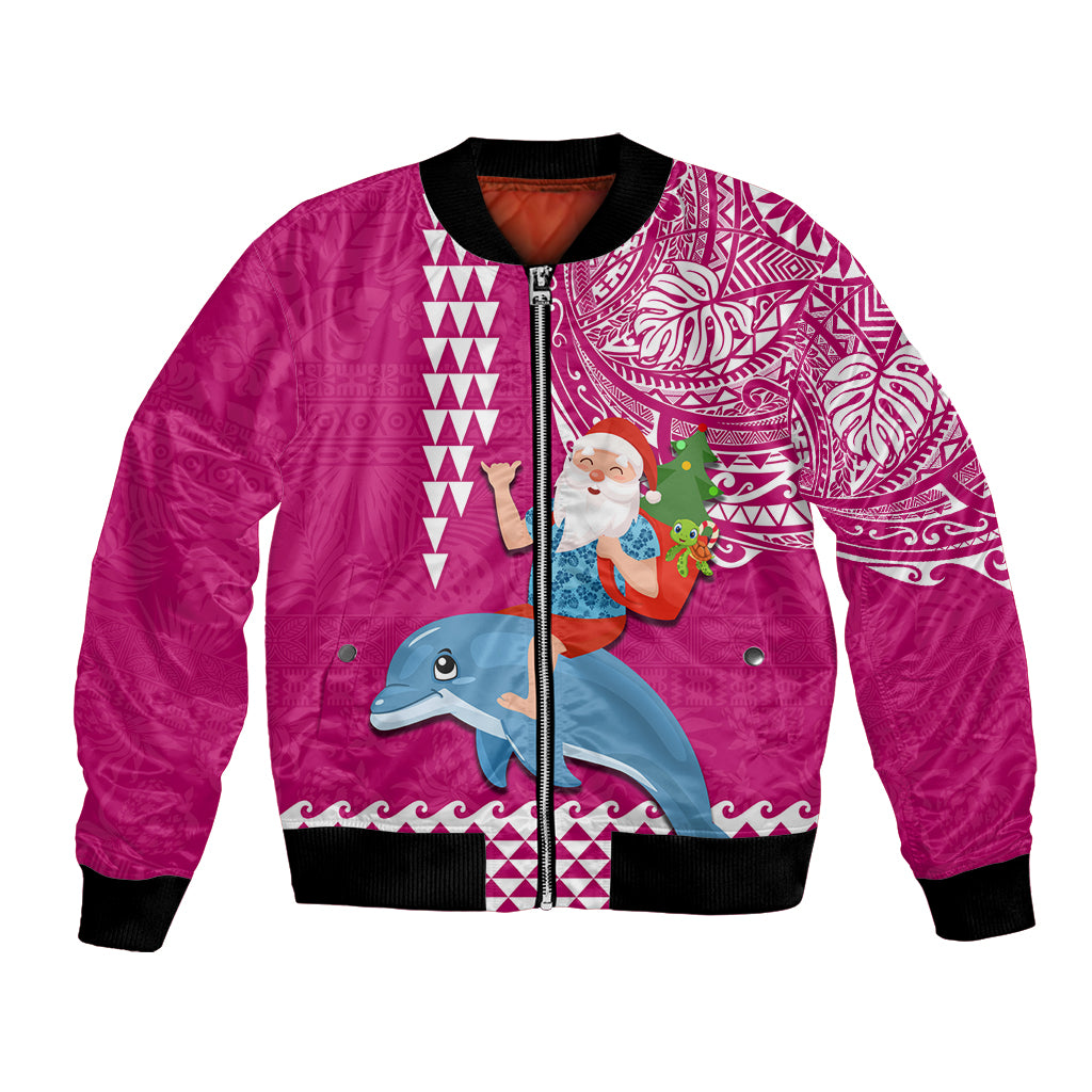 Hawaii Mele Kalikimaka Bomber Jacket Santa Riding The DolPhin Mix Kakau Pattern Pink Style LT03 Unisex Pink - Polynesian Pride