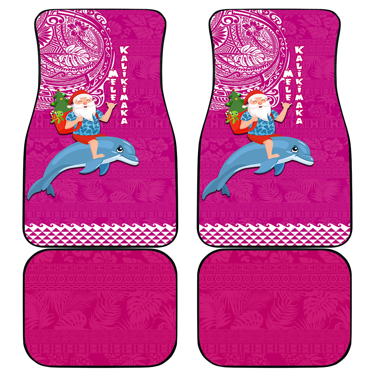 Hawaii Mele Kalikimaka Car Mats Santa Riding The DolPhin Mix Kakau Pattern Pink Style LT03 Pink - Polynesian Pride