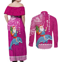Hawaii Mele Kalikimaka Couples Matching Off Shoulder Maxi Dress and Long Sleeve Button Shirt Santa Riding The DolPhin Mix Kakau Pattern Pink Style LT03 - Polynesian Pride